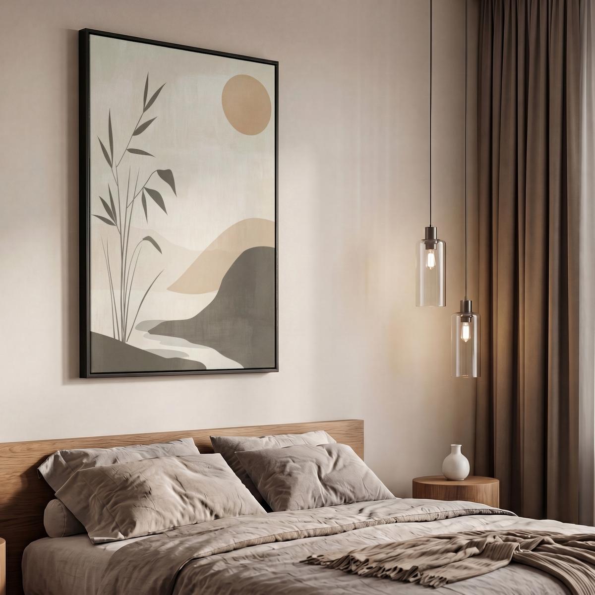 LEINWAND Bilder mit Rahmen - Japandi - Landschaft - Beige - 60x90 - Cognac, Textil (60/90cm) - MuchoWow