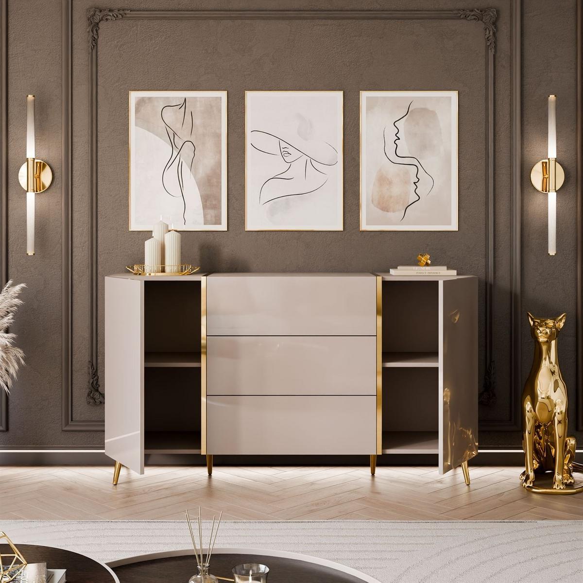 SIDEBOARD mit Schubladen ONYX Kaschmir auf goldenen Beinen Hochglanz - Kaschmir/Goldfarben, Holzwerkstoff (158/88/41.3cm) - Lookway