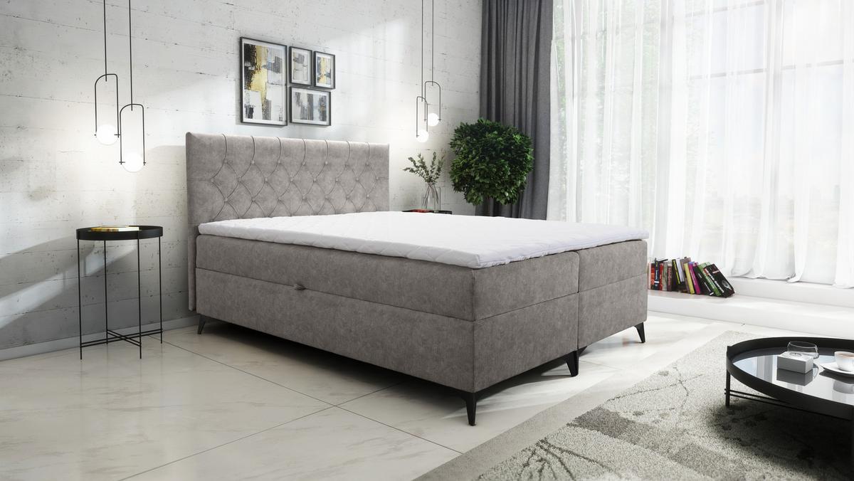 BOXBETT Palmeria 180/200 cm in Graubeige – mit Bettkasten und Topper - Taupe/Schwarz, Holz/Holzwerkstoff (180/200cm) - AX Living