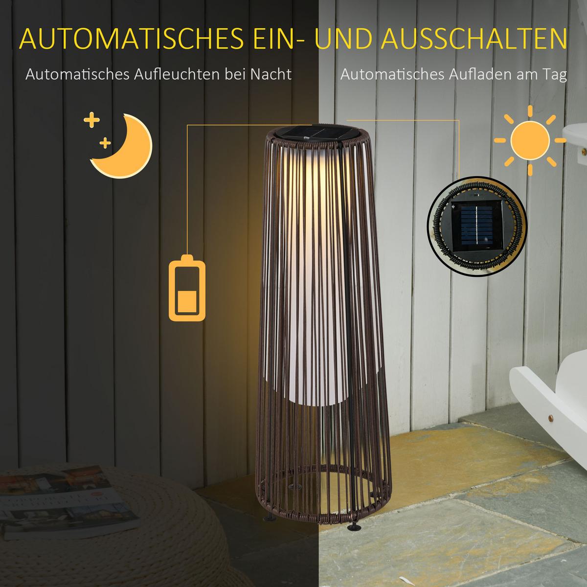 SOLARLAMPE, Rattan Solarleuchte Spritzwassergeschützt LED Gartenleuchte - Braun, Kunststoff (21.5/21.5/61cm) - Outsunny