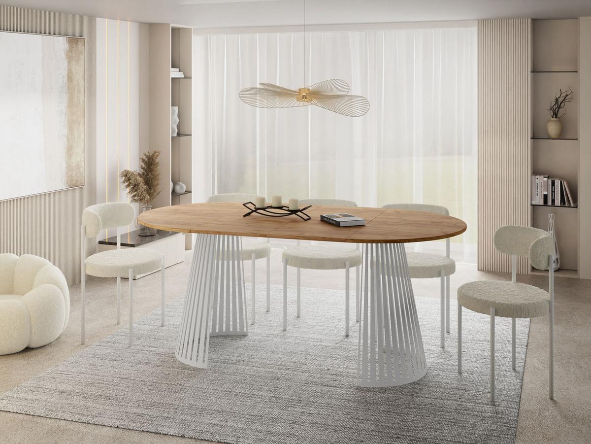 ESSTISCH Naro rund ausziehbar mit Weißem Lamellen-Metallgestell, Braun 100-180/100/76 cm - Eiche Wotan/Weiß, Holzwerkstoff/Metall (100/176/76cm) - WFL GROUP
