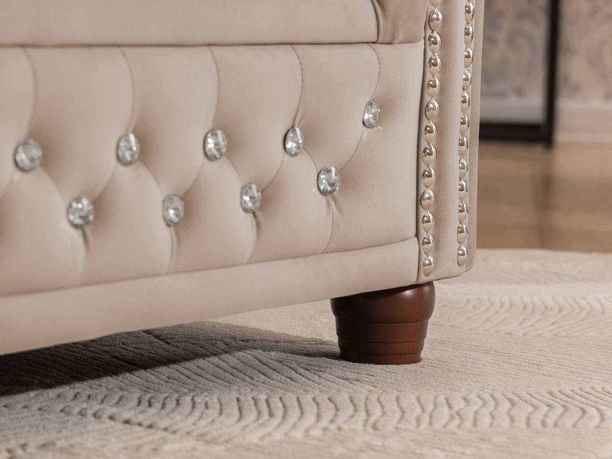 ECKSOFA mit Schlaffunktion Chesterfield Beige Samt mit Kristallsteppung und braunen Massivholzfüßen - Ottomane Links - Beige/Braun, Holz/Textil (264/210cm) - S-Style
