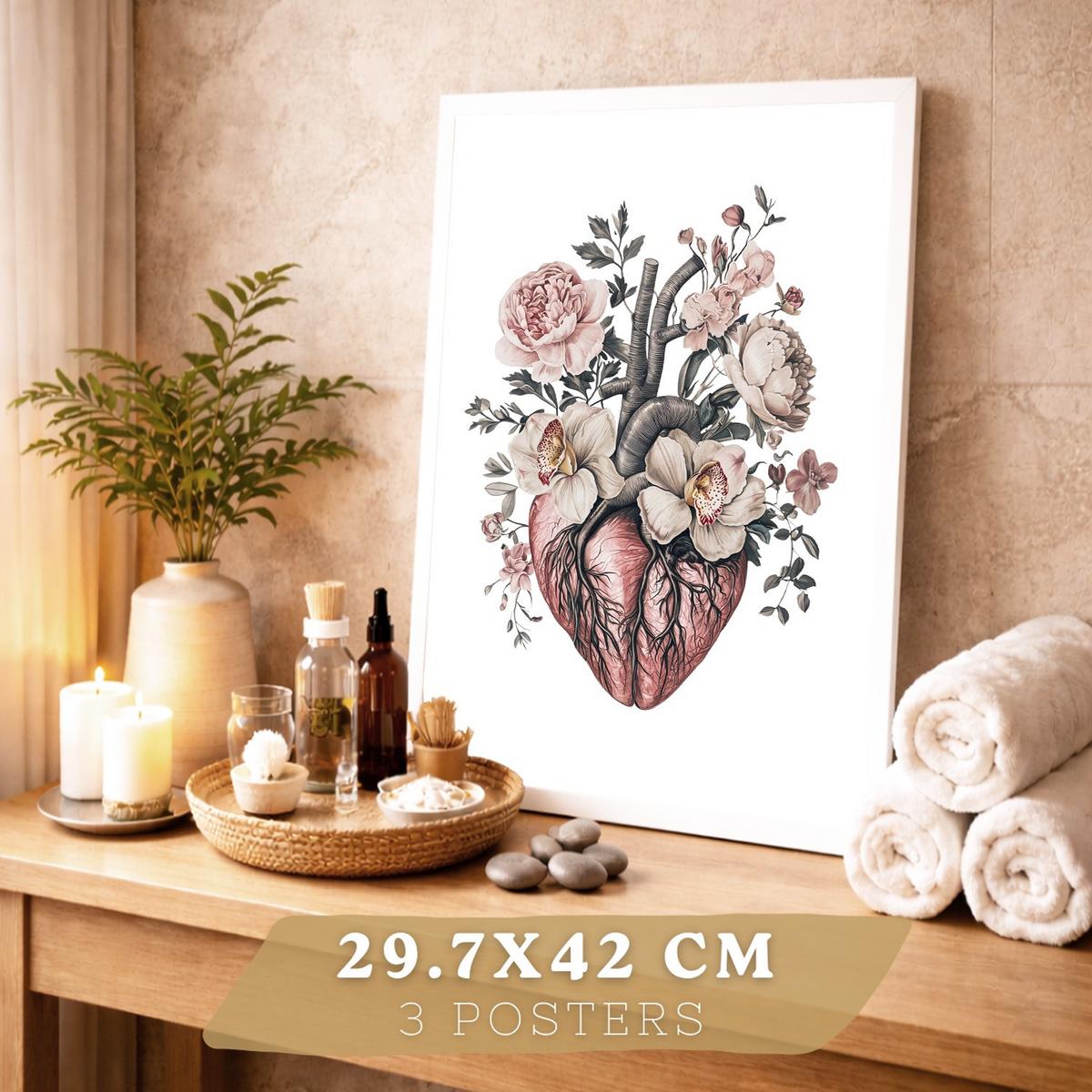 POSTER Set aus 3 Anatomie Florale Vintage Drucke und Wandbilder mit Herz Brustkorb und Lungen Detaillierter Illustrationsstil Größe Weißer Rahmen A3 - Weiß, Papier (29.7/42/3cm) - Nacnic