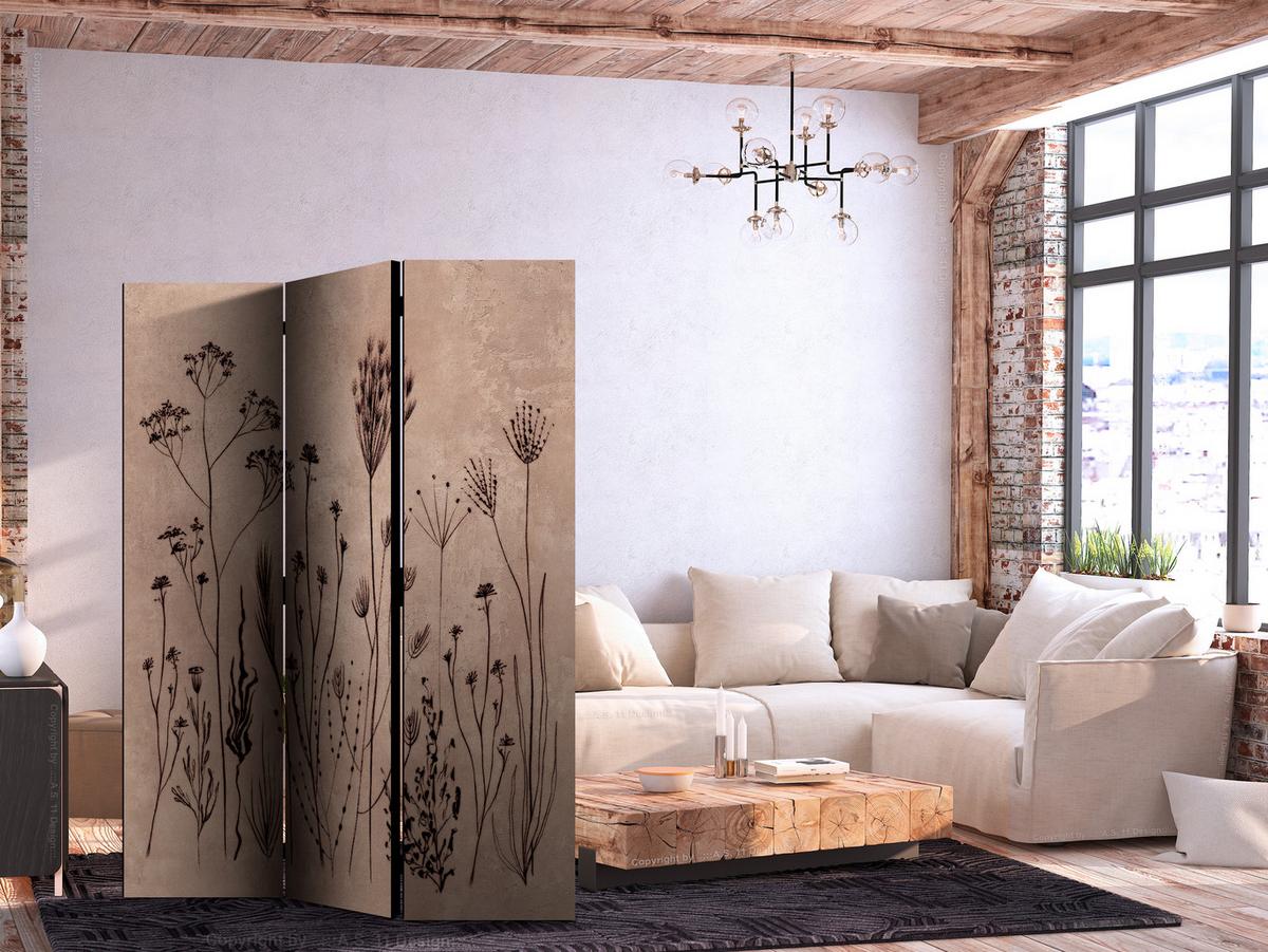 PARAVENT Beidseitig Bedruckter 3-tlg 135x172 cm Wildpflanzen Retro - Braun, Holz/Textil (135/172/3cm) - Muralo