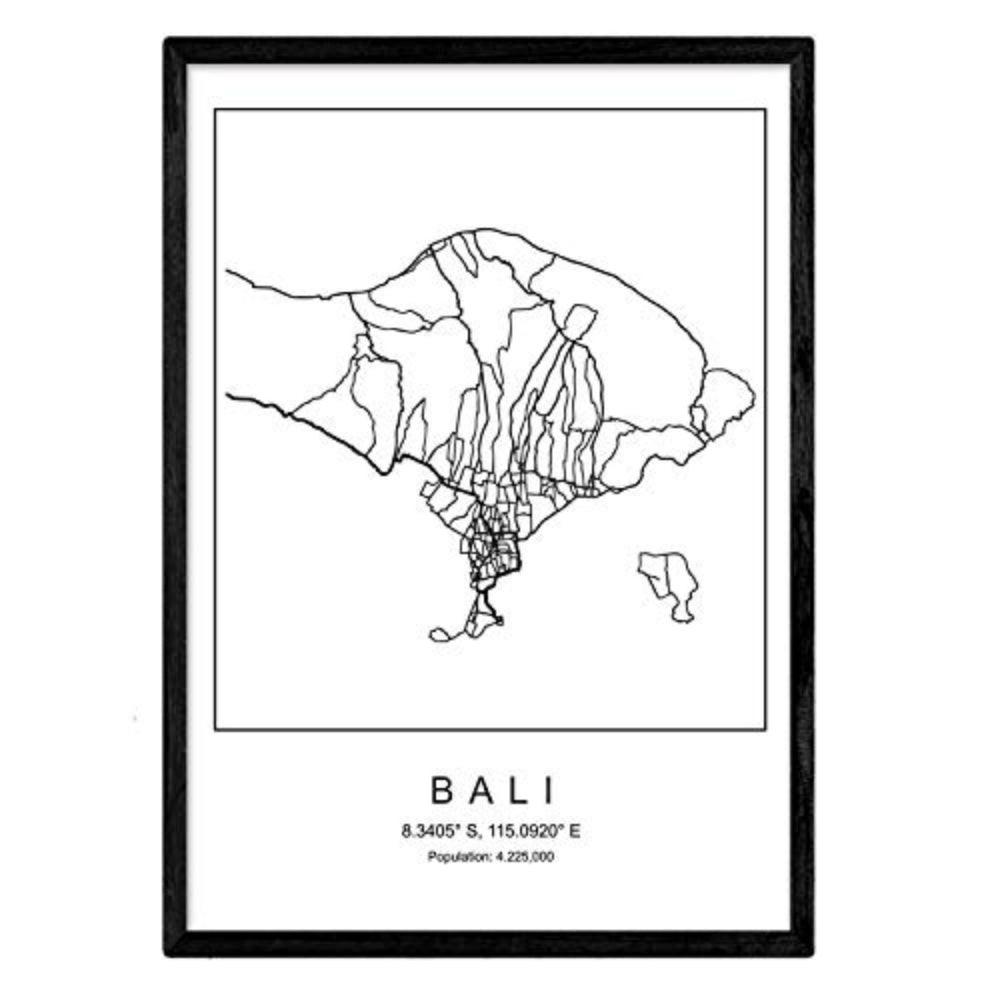 POSTER Bali Stadtkarte – Nordisch A3 Schwarzer Rahmen - Schwarz, Papier (29.7/5/42cm) - Nacnic