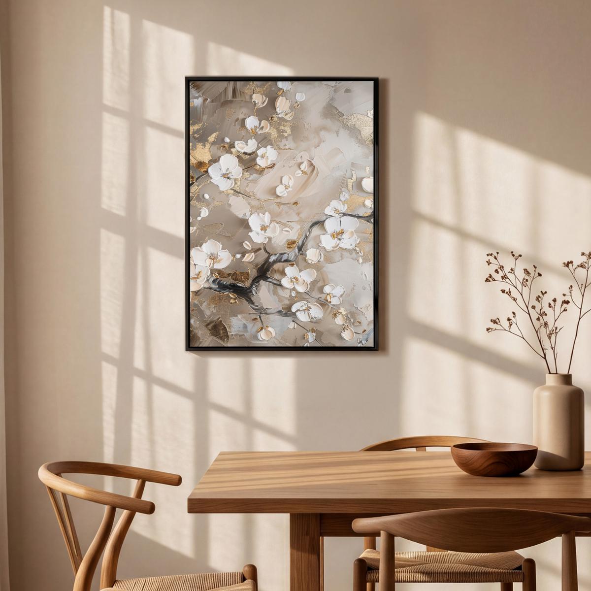 LEINWAND Bilder mit Rahmen - Blumen - Weiß - Gold - Beige - Luxus - 60x90 - Greige, Textil (60/90cm) - MuchoWow
