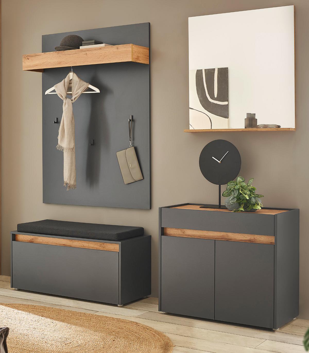 GARDEROBEN-SET 5-teilig grau matt, Eiche Wotan 190 cm, Kombination inklusive Sitzkissen - Eiche Wotan/Silberfarben, Glas/Holzwerkstoff (190/200/40cm) - Furn.Design