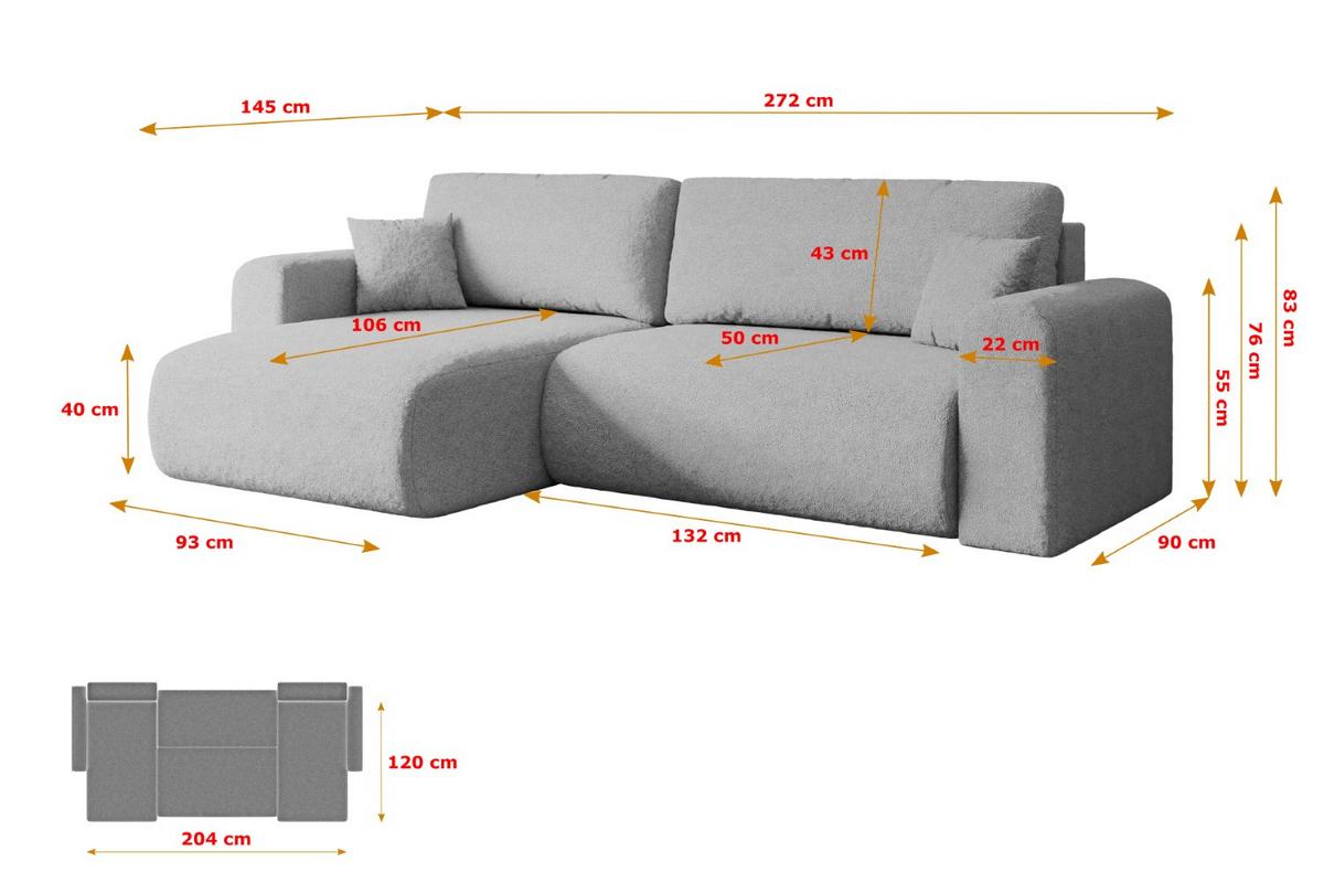 ECKSOFA mit Schlaffunktion und Bettkasten ORRO-L - 272x145x83 cm Hellgrau Bouclé - Hellgrau/Schwarz, Holzwerkstoff/Kunststoff (272/145cm) - ALTDECOR