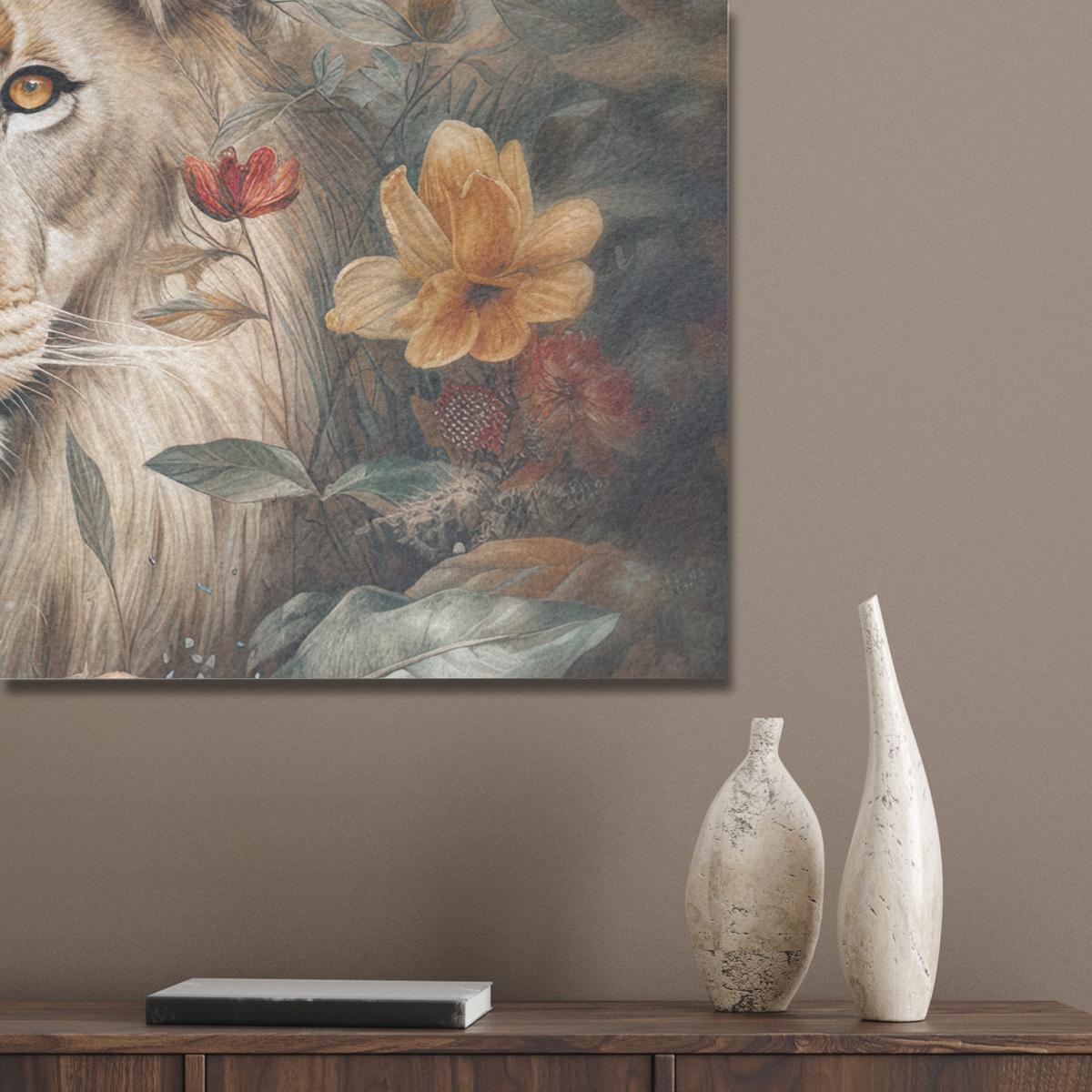 AKUSTIKBILD Löwe - Wildtiere - Pflanzen - Natur - Blumen Akustikpaneele 90x60 cm - Beige, Kunststoff (90/60/0.9cm) - MuchoWow
