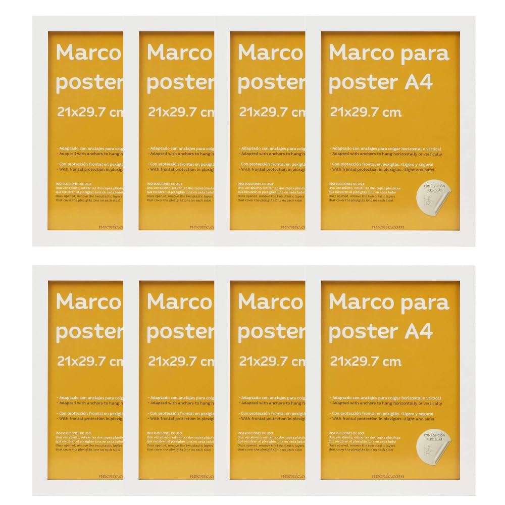RAHMEN Set mit 8 aus MDF und Acrylglas Schutz und Aussteller für Fotografien, Bilder, Poster, Gemälde, Dekoration für Haus Farbe Weiß A4 - Weiß, Holz (21/3cm) - Nacnic