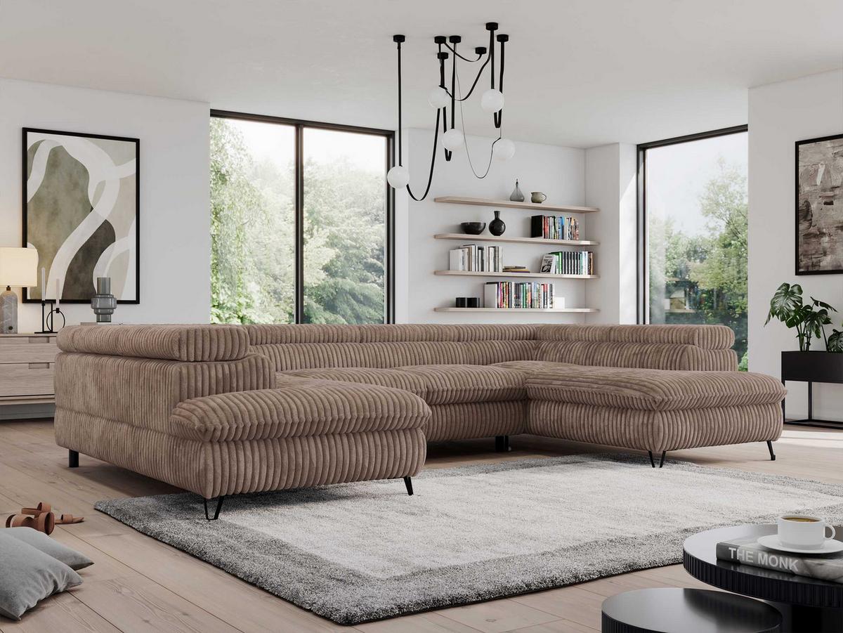 WOHNLANDSCHAFT PEDRO U Cord Braun - Schwarz/Braun, Textil/Metall (346/76/208cm) - MKS