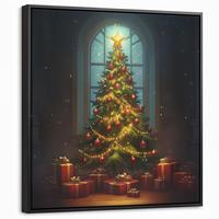 LEINWAND Bilder mit Rahmen - Weihnachtsbaum - Geschenk - Winter - 50x50 - Grün, Textil (50/50cm) - MuchoWow