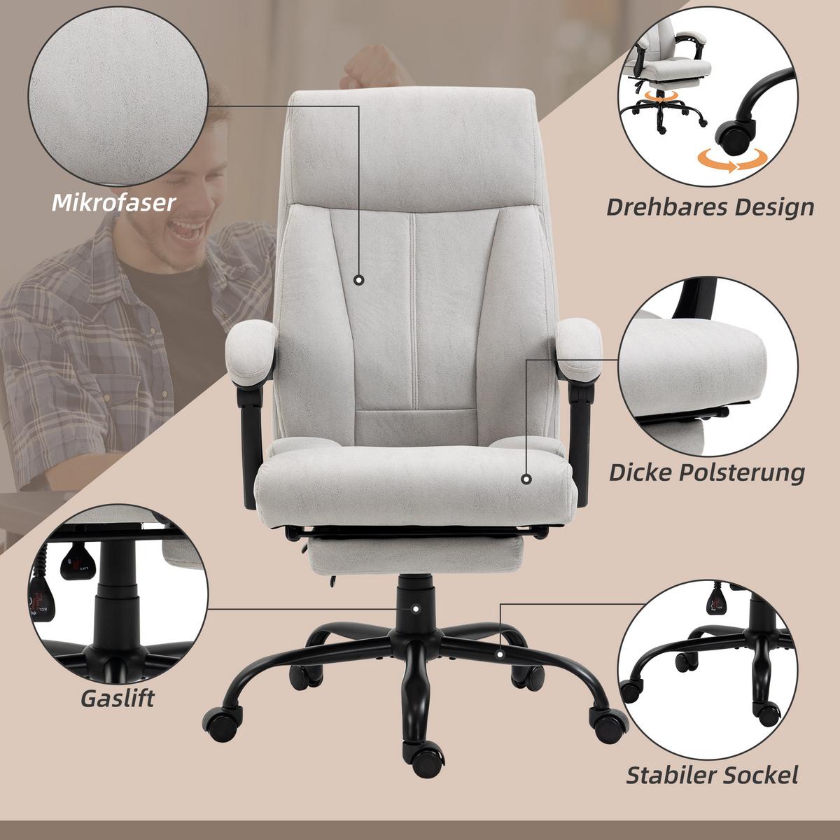 MASSAGE-BÜROSTUHL, 111-119cm Schreibtischstuhl mit Heizfunktion - Hellgrau, Kunststoff (74/119/65cm) - Vinsetto