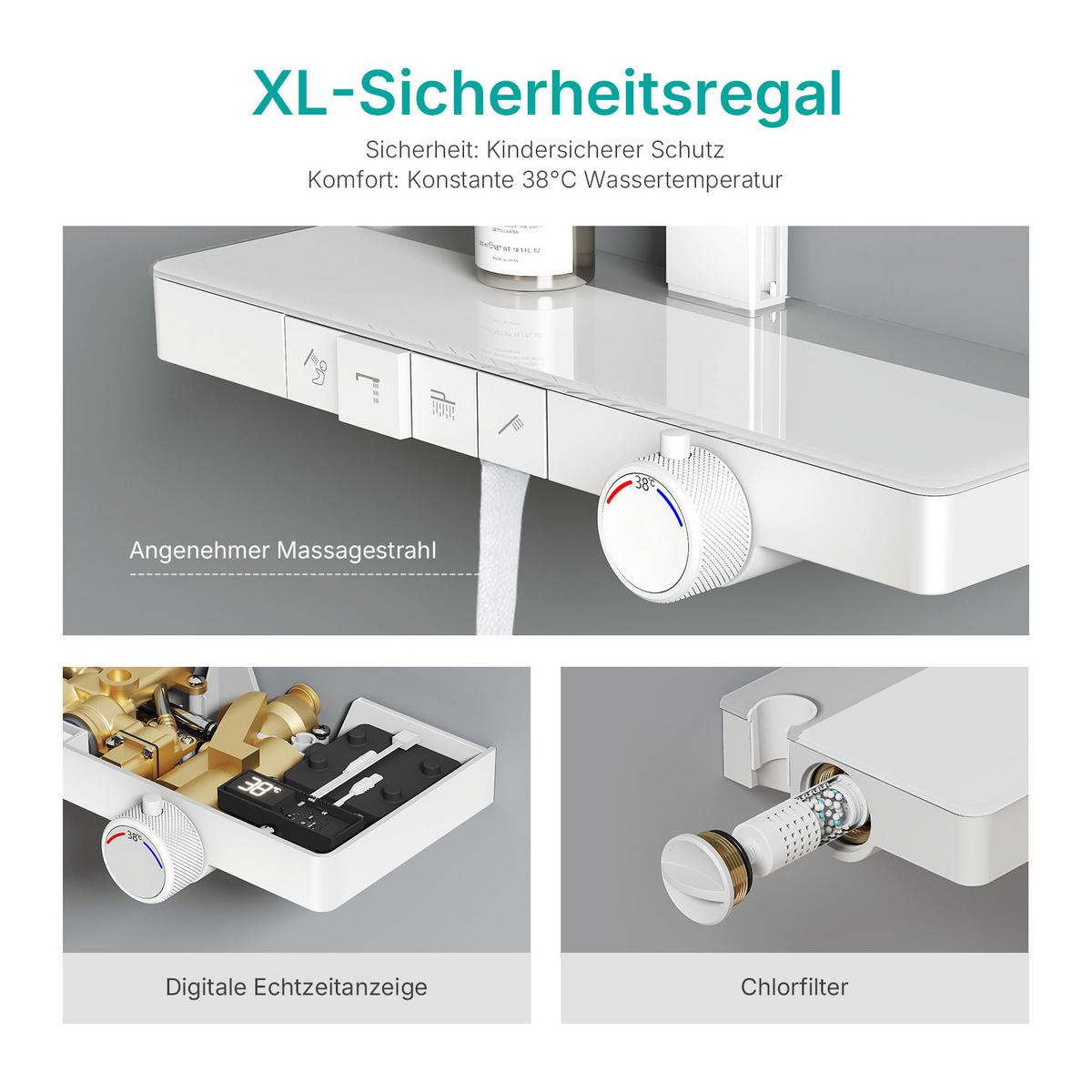 ÜBERKOPFBRAUSESET mit Thermostat und 4 Wasserauslässen 40,9/60/105 cm - Weiß, Metall (40/113/58cm) - EMKE