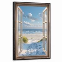 LEINWAND Bilder mit Rahmen - Aussicht - Strand - Fenster - Dünen - Meer - 60x90 - Hellblau, Textil (60/90cm) - MuchoWow