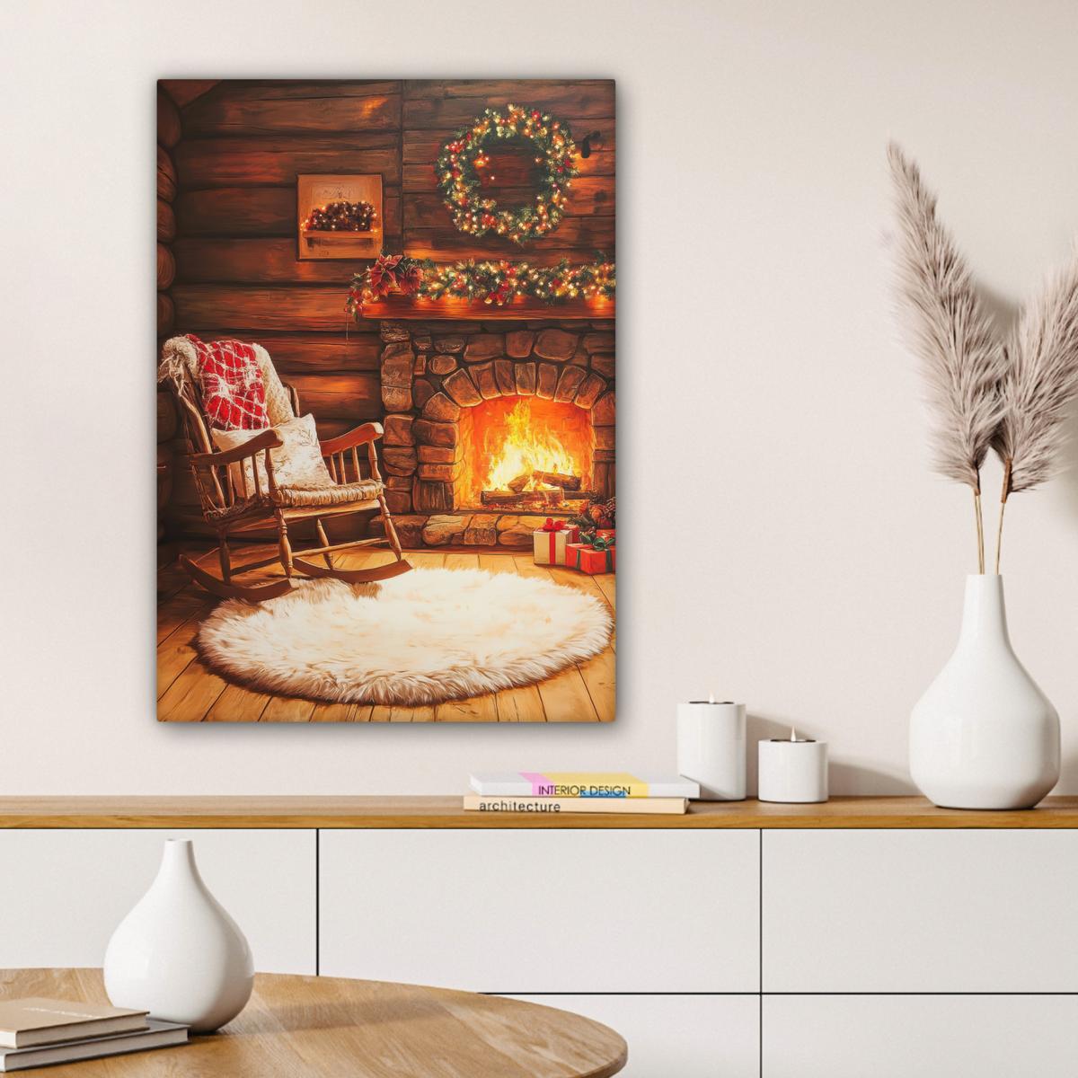 LEINWANDBILD Winter - Weihnachten - Zuhause - Kamin Wandbild Wohnzimmer 60x80 cm - Bernsteinfarben, Textil (60/80cm) - MuchoWow