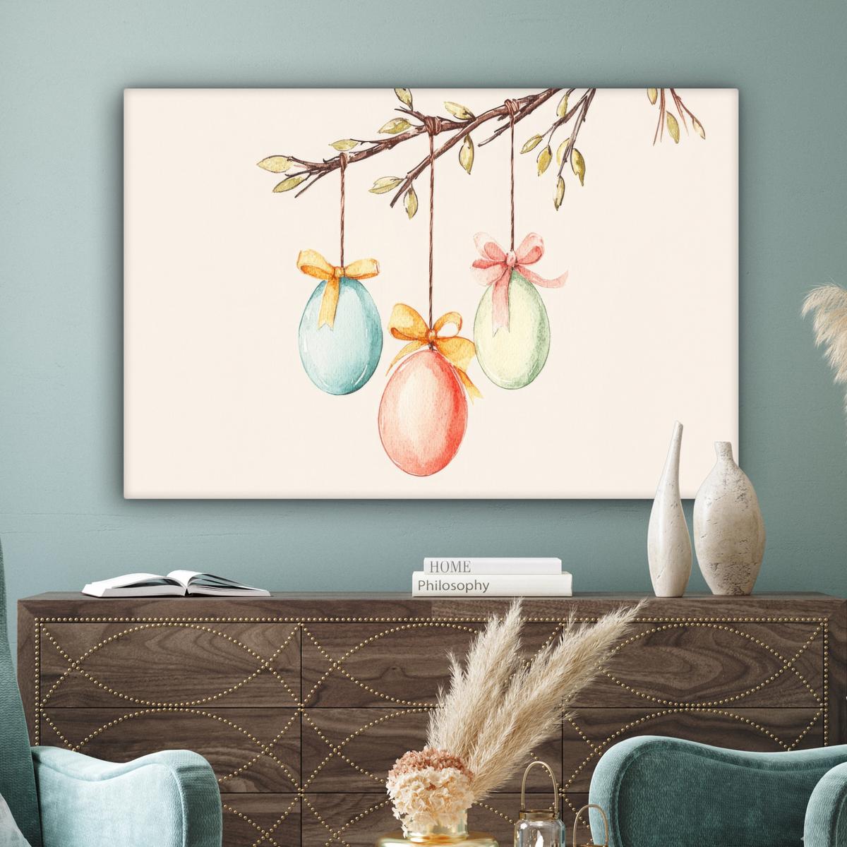 LEINWANDBILD Osterkuchen - Schleife - Eier Groß 140x90 cm - Creme, Textil (140/90cm) - MuchoWow
