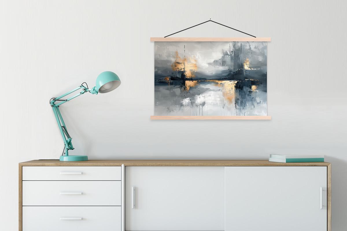 POSTER MIT MAGNETLEISTEN Kunst - Grau - Gold - Abstrakt Wanddeko 90x60 cm - Dunkelgrau, Textil (90/60/0.15cm) - MuchoWow