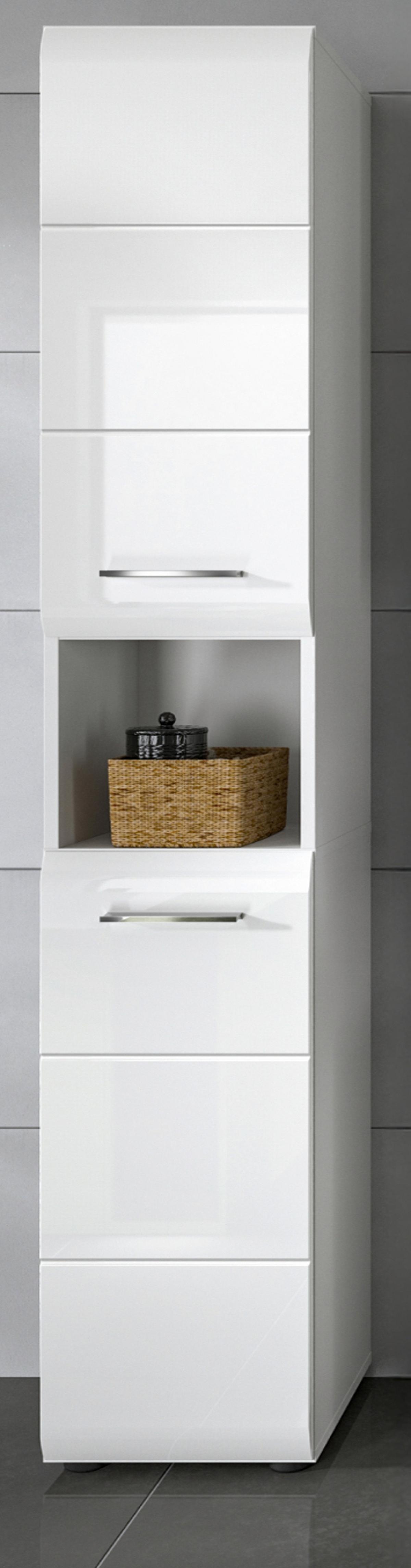 HOCHSCHRANK weiß Hochglanz, Badschrank 30 cm mit viel Stauraum - Weiß Hochglanz/Silberfarben, Holzwerkstoff/Kunststoff (30/185/30cm) - Inn.Furn