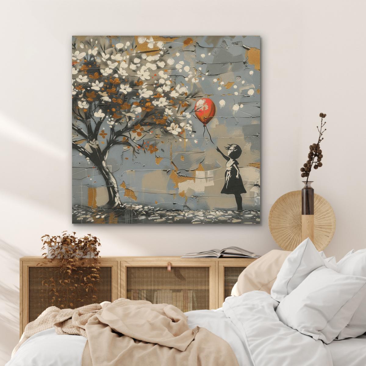 AKUSTIKBILD Baum - Graffiti - Banksy-Stil - Ballon-Mädchen Akustikpaneele 90x90 cm - Blaugrau, Kunststoff (90/90/0.9cm) - MuchoWow