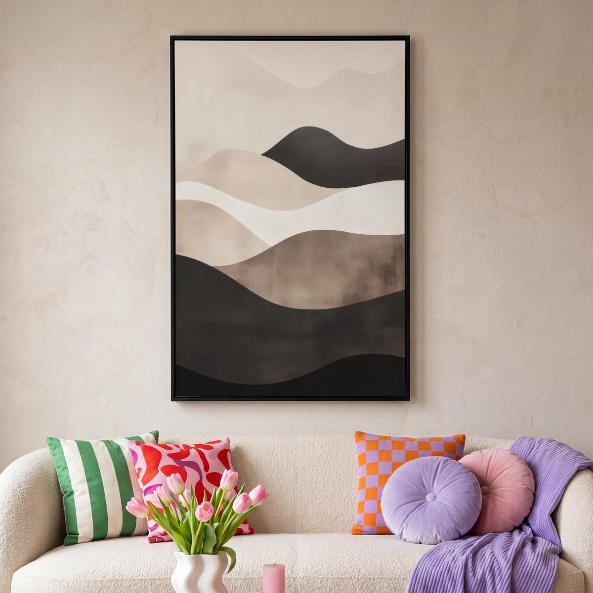 LEINWAND Bilder mit Rahmen - Abstrakt - Landschaft - Wellen - Cremefarben - 100x150 - Cappuccino, Textil (100/150cm) - MuchoWow