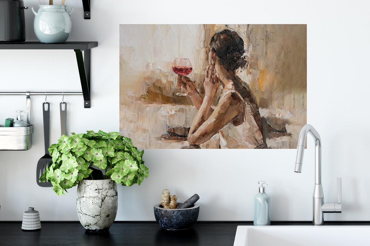 WANDTATTOO Ölgemälde - Frau - Wein Deko Wohnzimmer 60x40 cm - Hellbraun, Kunststoff (60/40/0.1cm) - MuchoWow