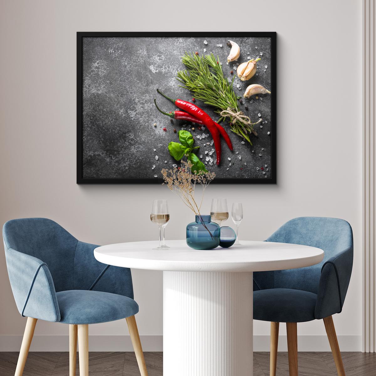 POSTER MIT RAHMENGERAHMTES BILD Pfeffer - Kräuter - Gewürze - Beton 80x60 cm - Dunkelgrau, Papier (80/60cm) - MuchoWow