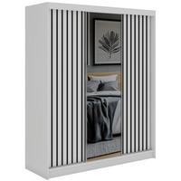 SCHWEBETÜRENSCHRANK mit Spiegel und Schubladen LAOS - 180 - Weiß - Schwarz Lamellen - Schwarz/Alufarben, Holzwerkstoff/Metall (180/216/61cm) - MKS