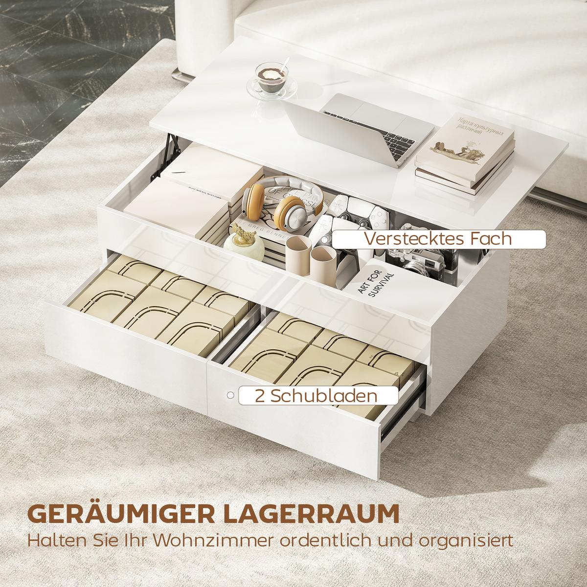 COUCHTISCH höhenverstellbar Spanplatte Hochglanzweiß - Weiß Hochglanz, Holzwerkstoff (102/48/54.5cm) - HOMCOM