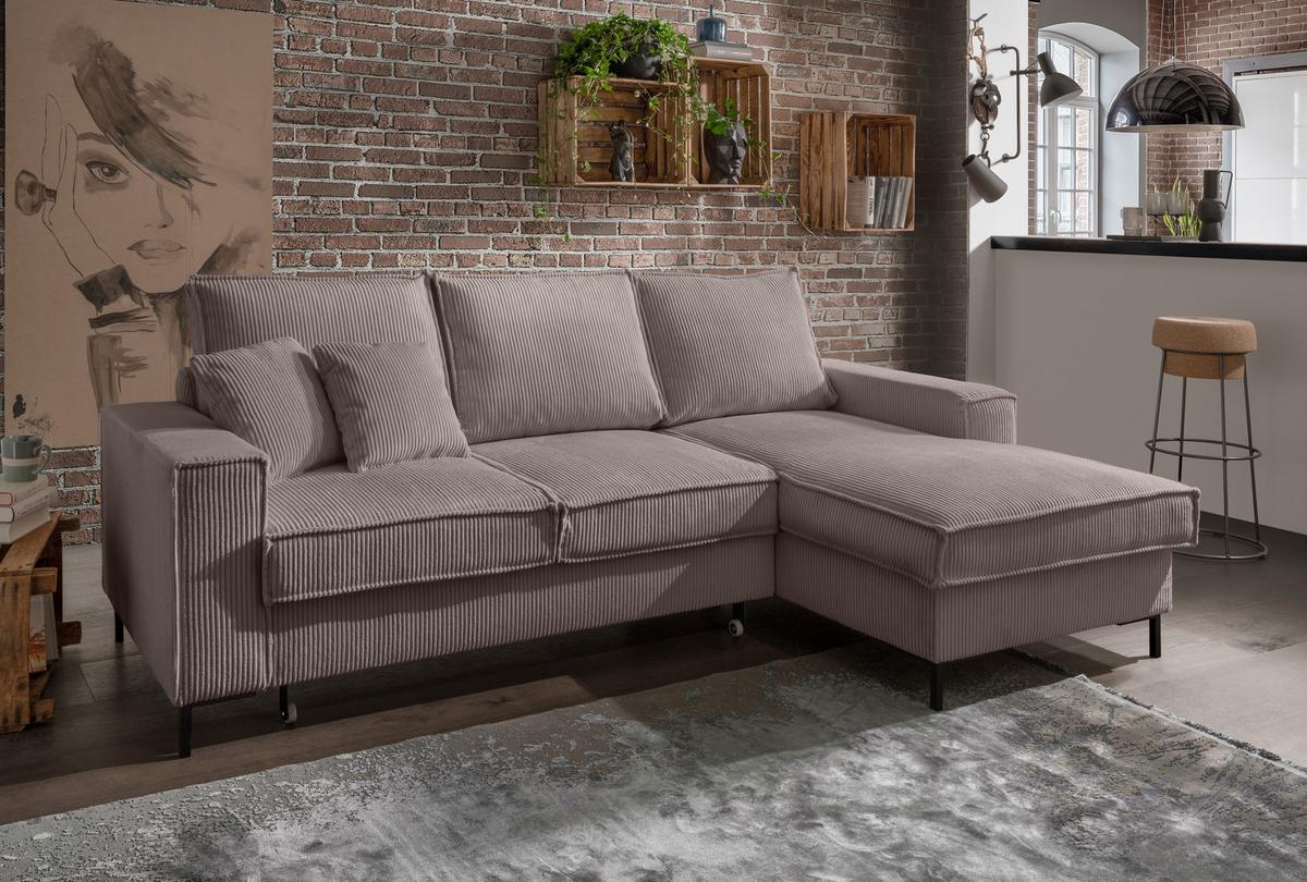 ECKSOFA mit Schlaffunktion, Bettkasten, Wellenunterfederung, Récamiere rechts B240/T150/H92 cm, Liegefl. 125x198 cm, Cord Braun Taupe / 17222 - Schwarz/Braun, Textil/Metall (240/150cm) - luma-home