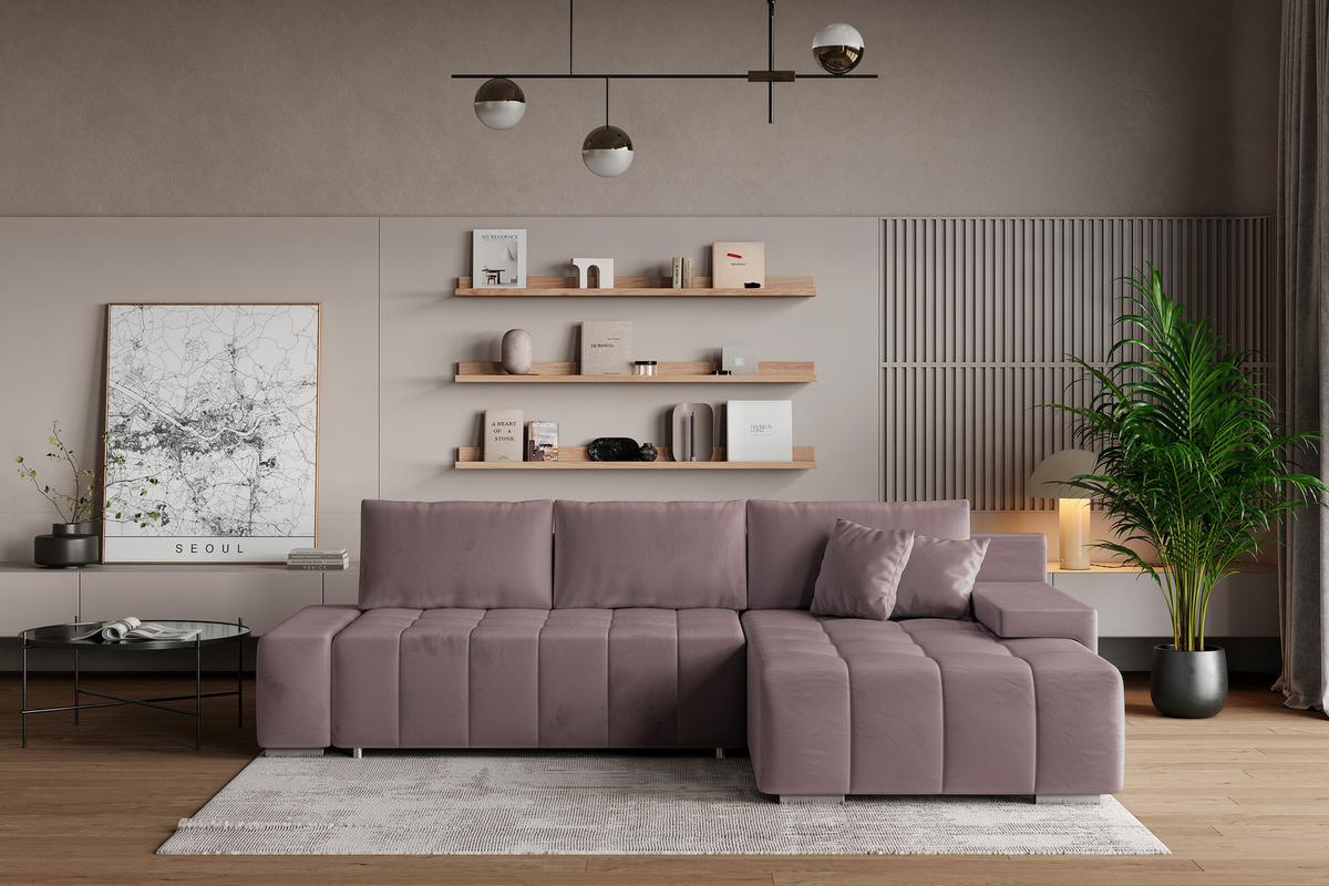 ECKSOFA ALESE R-S Lila Velours-Stoff mit Schlaffunktion - Lila/Silberfarben, Holz/Textil (265/185cm) - MASSENO