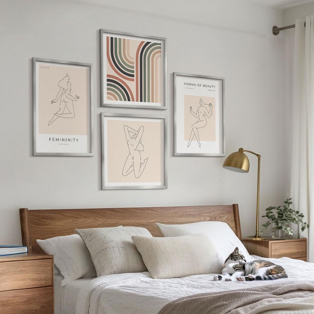 BILDER SET 4er Set - 50x50 cm & 40x60 cm Silberner Rahmen - Weibliche Silhouetten auf Plakaten - Silberfarben, Kunststoff (50/50cm) - TULUP