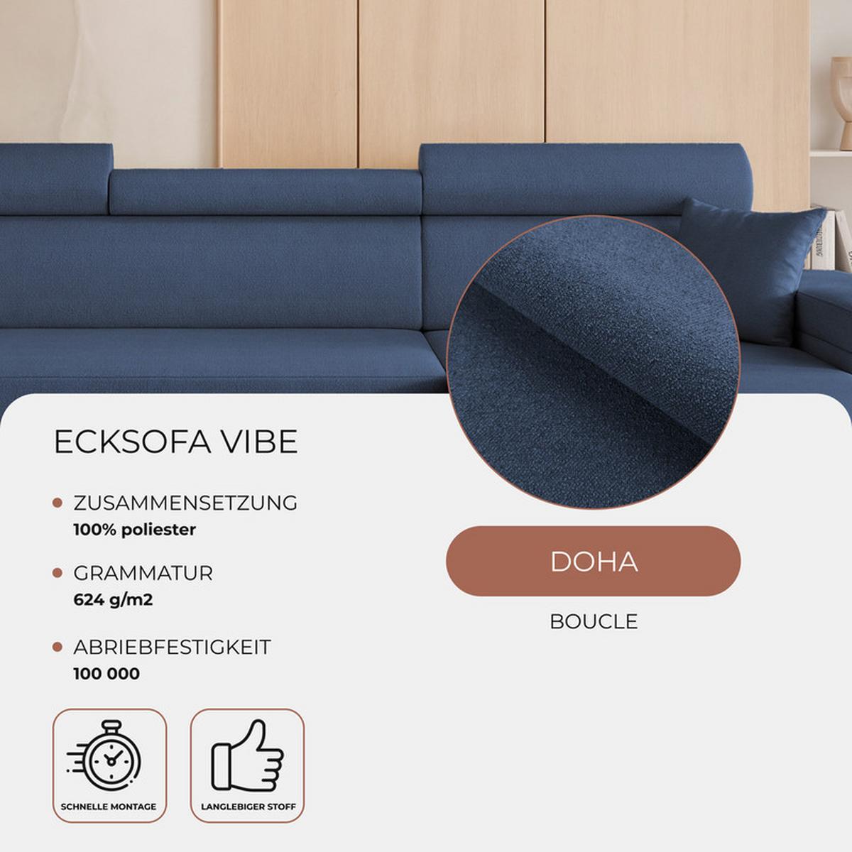 ECKSOFA AISHA Rechts mit Schlaffunktion und Bettkasten Marineblau - Chromfarben/Dunkelblau, Kunststoff/Textil (250/130cm) - Idohome