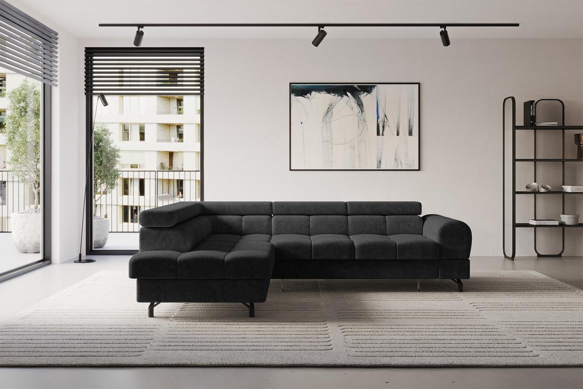 ECKSOFA mit Schlaffunktion Ottomane Links LUMA-L 272x203x70 Schwarz Velours - Schwarz, Holzwerkstoff/Kunststoff (272/203cm) - ALTDECOR
