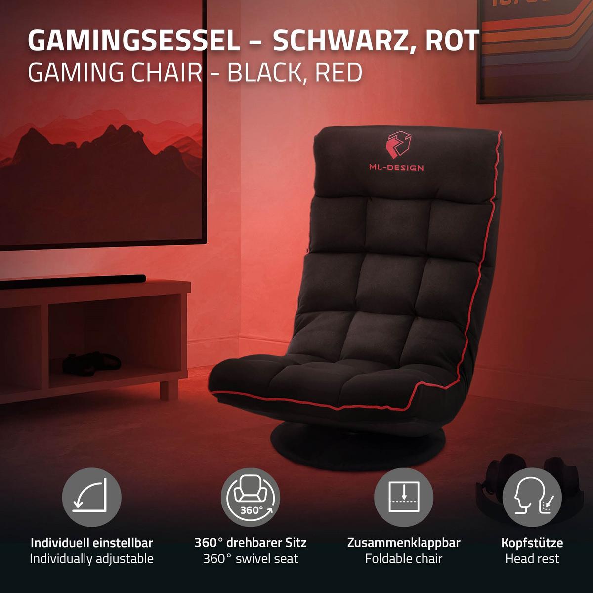 GAMING BODENSTUHL Schwarz-Rot Stoffbezug 360° drehbar & verstellbar - Rot/Schwarz, Textil (56/85/92cm) - ML-DESIGN