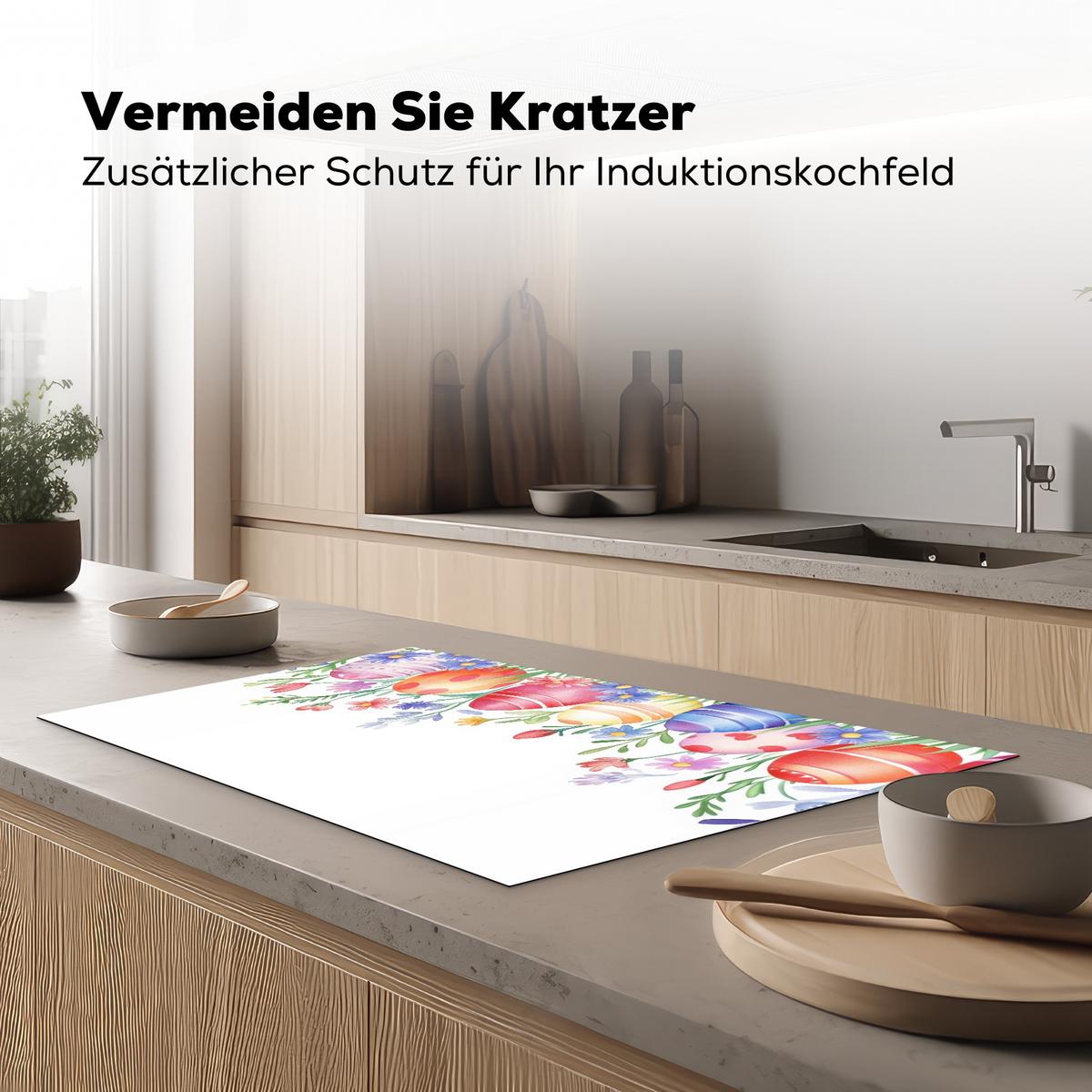 HERDABDECKPLATTE Blumengarten - Bunt - Eier Ceranfeldabdeckung 85x52 cm - Weiß, Kunststoff (85/52/0.2cm) - MuchoWow