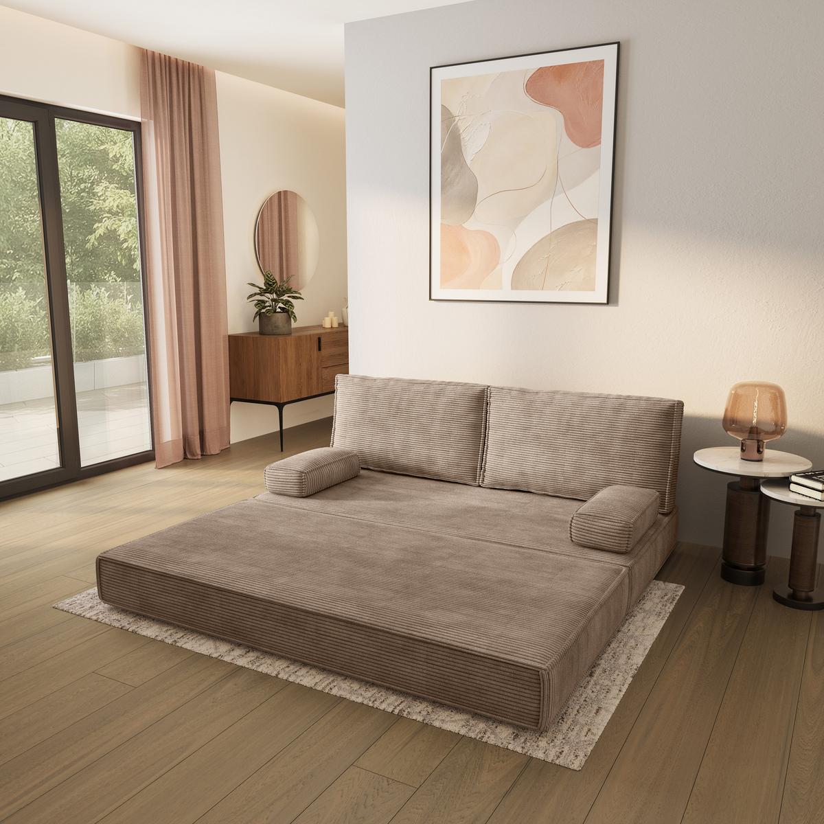 BETTSOFA SILAR aus Schaumstoff Kordstoff Beige Schlaffunktion - Beige, Textil (170/86/80cm) - MASSENO