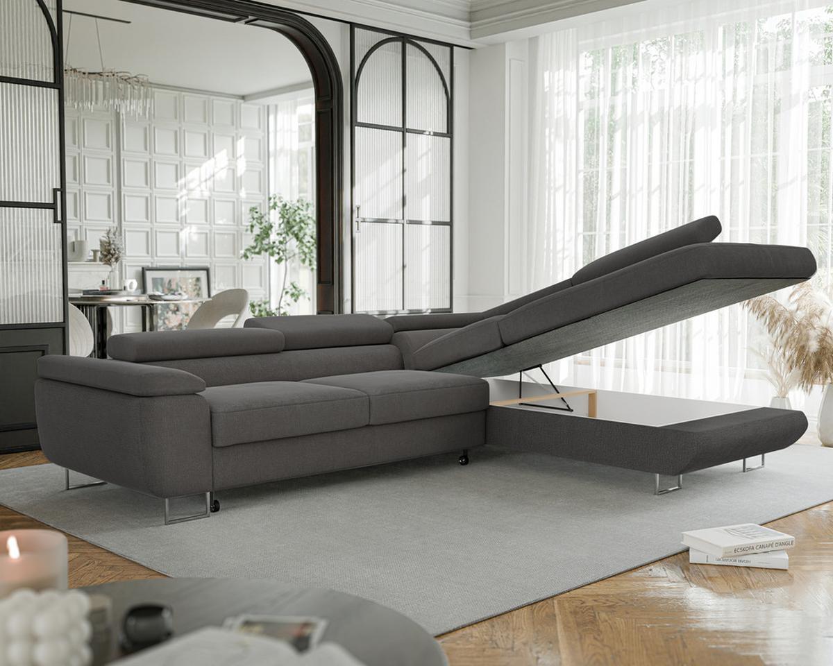 ECKSOFA ANTON rechts, mit Schlaffunktion und Bettkasten Anthrazit - Chromfarben/Anthrazit, Textil/Metall (274/203cm) - Idohome