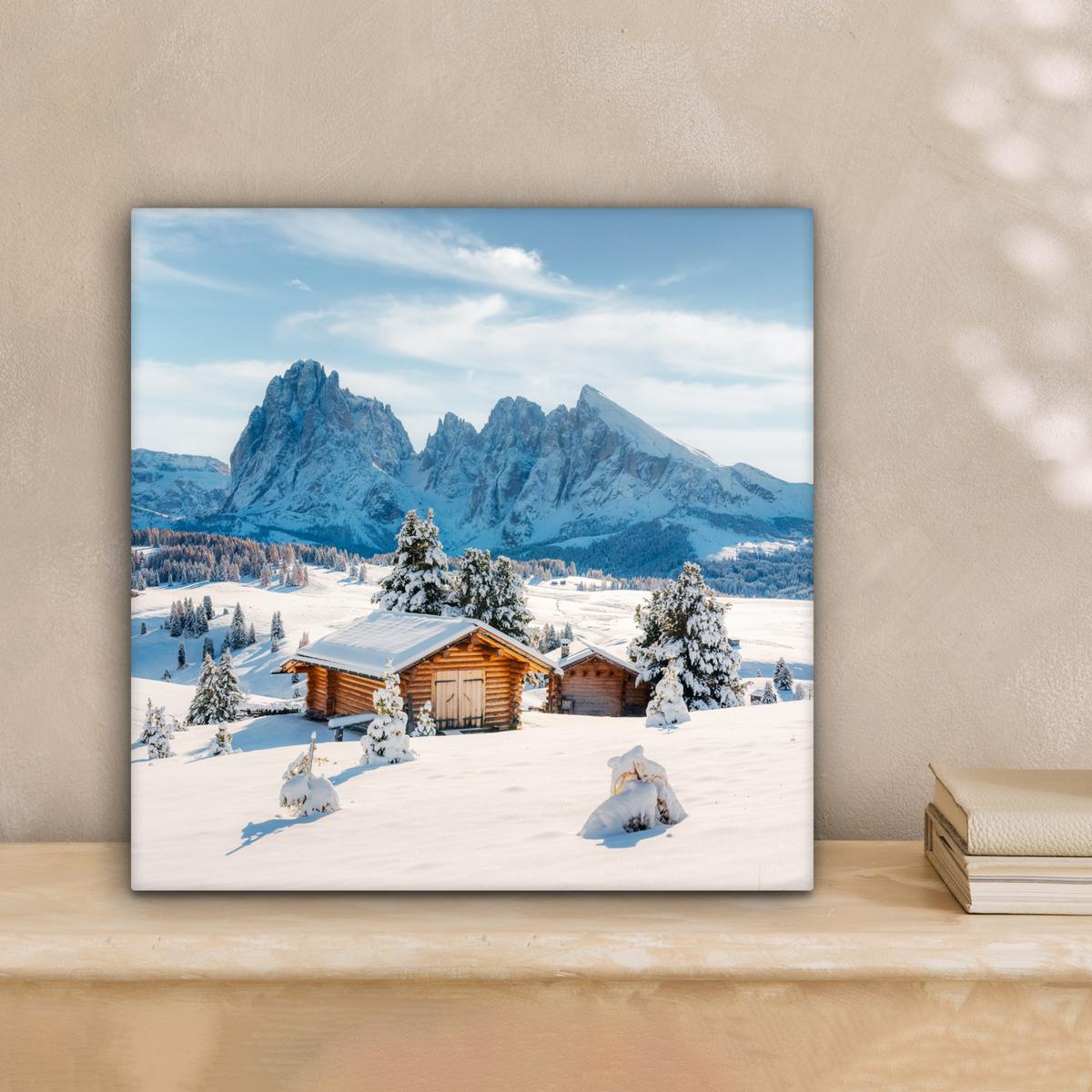 LEINWANDBILD Winter - Hütte - Berge - Aussicht - Schnee Deko Wohnzimmer 20x20 cm - Eichefarben, Textil (20/20cm) - MuchoWow