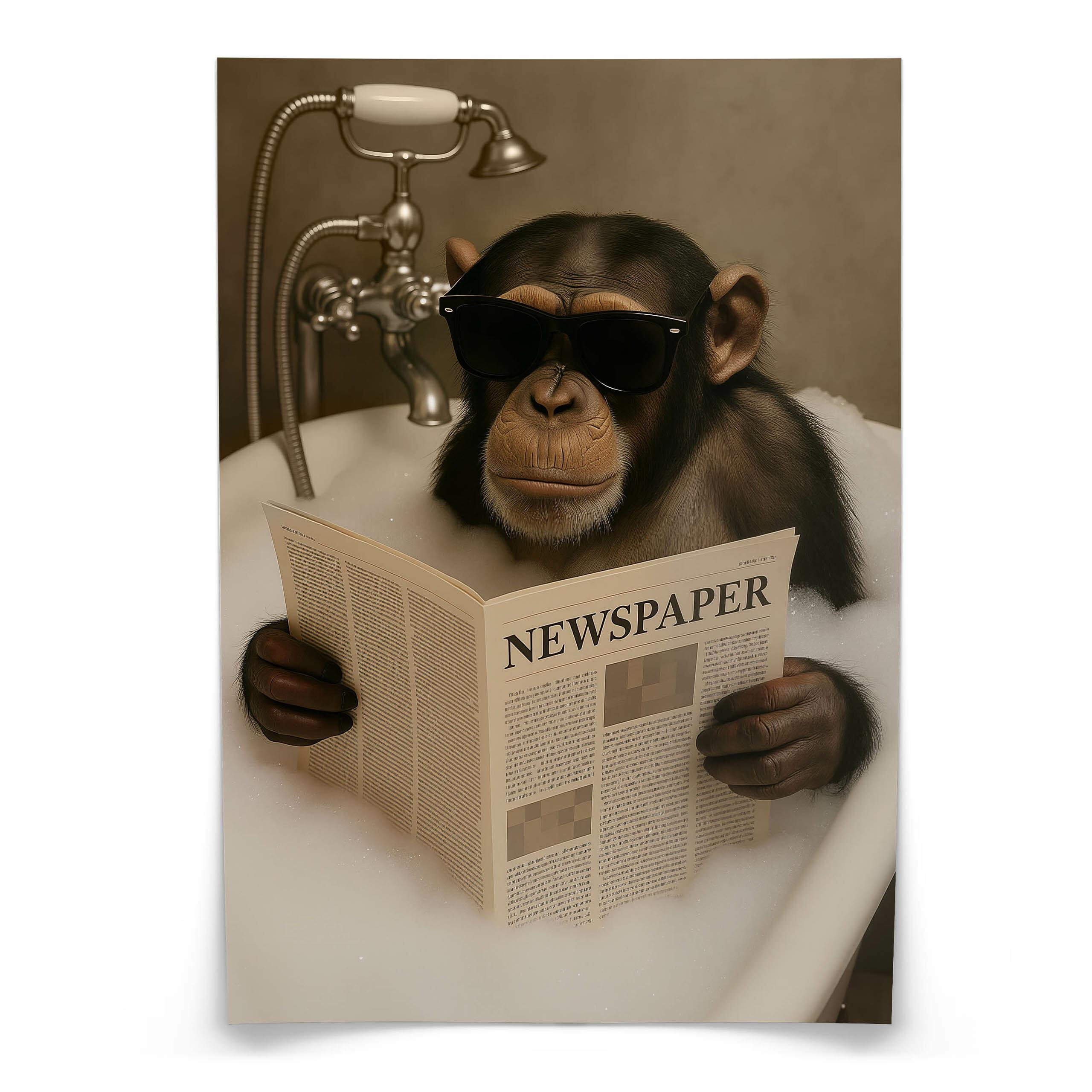POSTER für Badezimmer WC SCHIMPANSE in Badewanne Affe mit Zeitung Abstraktion 50x70cm - Beige/Schwarz, Papier (50/70/70cm) - Muralo
