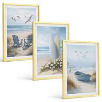 BILDER SET 3er Set - 40x60 cm Goldrahmen - Strand Surfbretter Vögel - Goldfarben, Kunststoff (40/60cm) - TULUP