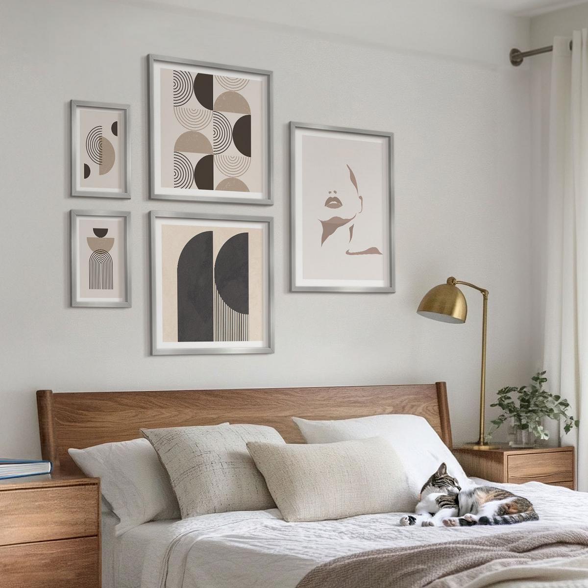 BILDER SET 5er Set - 50x50 cm & 20x30 cm & 40x60 cm Silberner Rahmen - Abstrakte Gesichtsformen - Silberfarben, Kunststoff (40/60cm) - TULUP