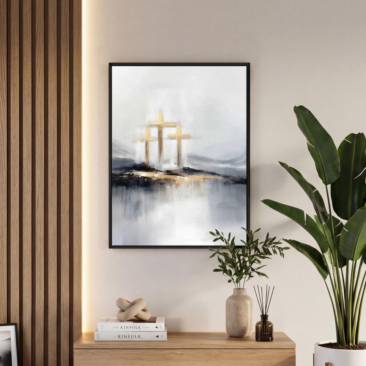 LEINWAND Bilder mit Rahmen - Abstrakt - Malerei - Christentum - Kreuz - 60x80 - Weiß, Textil (60/80cm) - MuchoWow