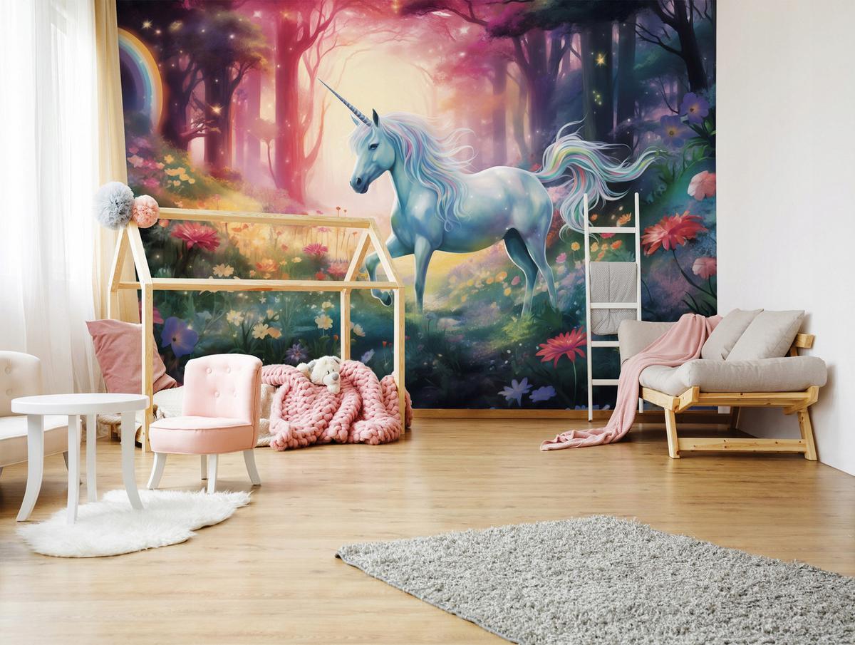 FOTOTAPETE Mädchen Einhorn Rosa 254x184 cm - Multicolor, Papier (254/184cm) - Wallarena