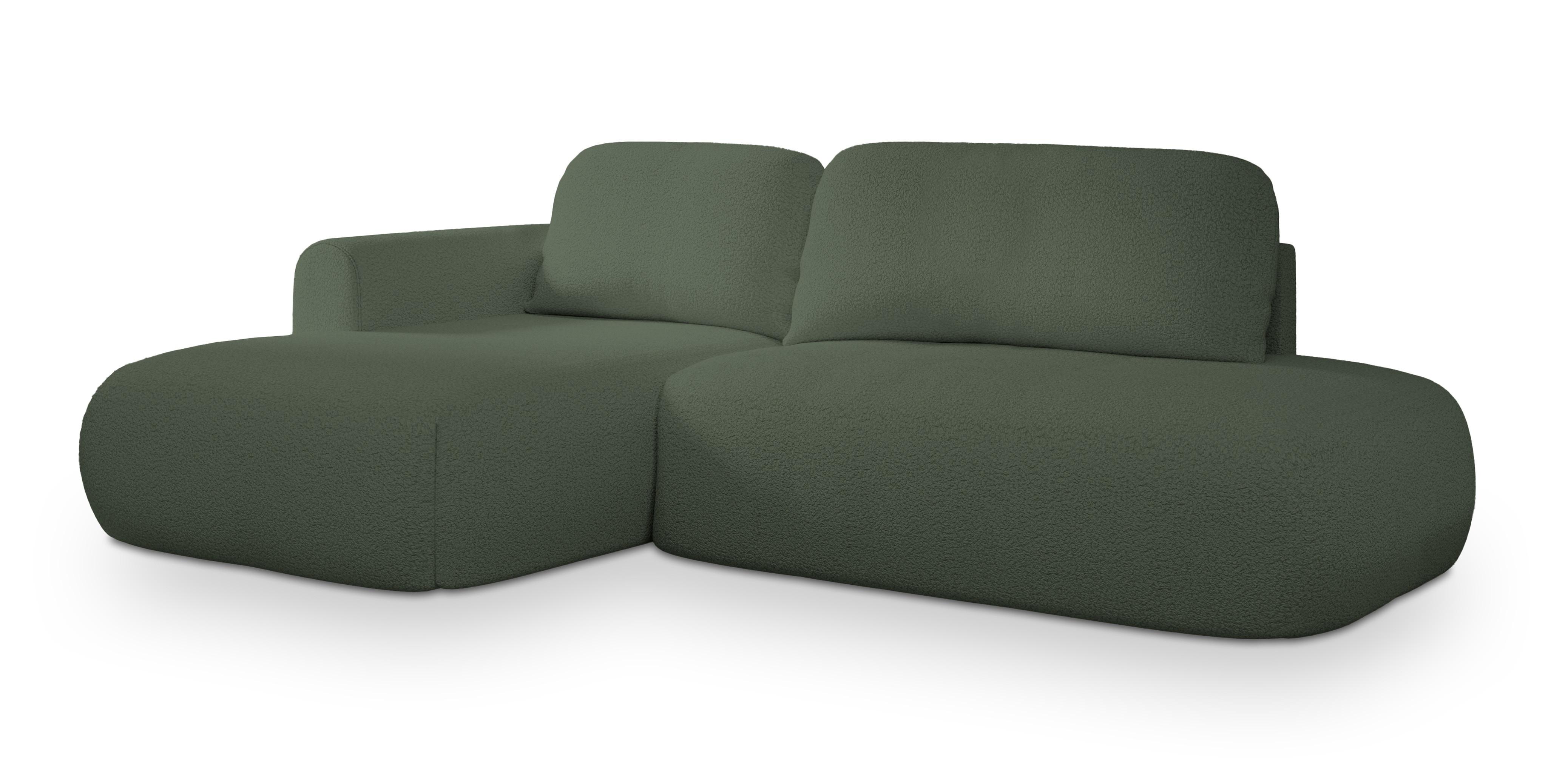 ECKSOFA NUVIRA L-S Grün Boucle-Stoff mit Schlaffunktion - Grün, Holz (279/158cm) - MASSENO