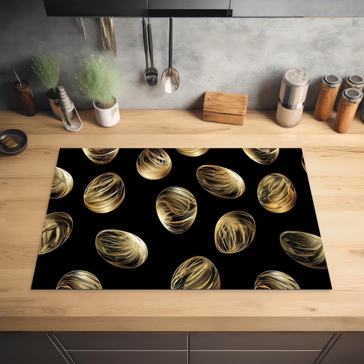 HERDABDECKPLATTE Eier - Gold - Muster Ceranfeldabdeckung 78x52 cm - Schwarz, Kunststoff (78/52/0.2cm) - MuchoWow