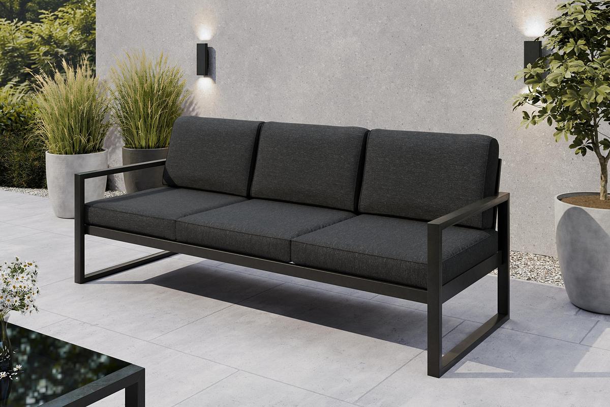 GARTENBANK Bellano Outdoor 3-Sitzer Polster-Loungebank, Stahlgestell Schwarz, Dunkelgrau 76/216/80 cm - Grau, Textil (216/86/80cm) - WFL GROUP