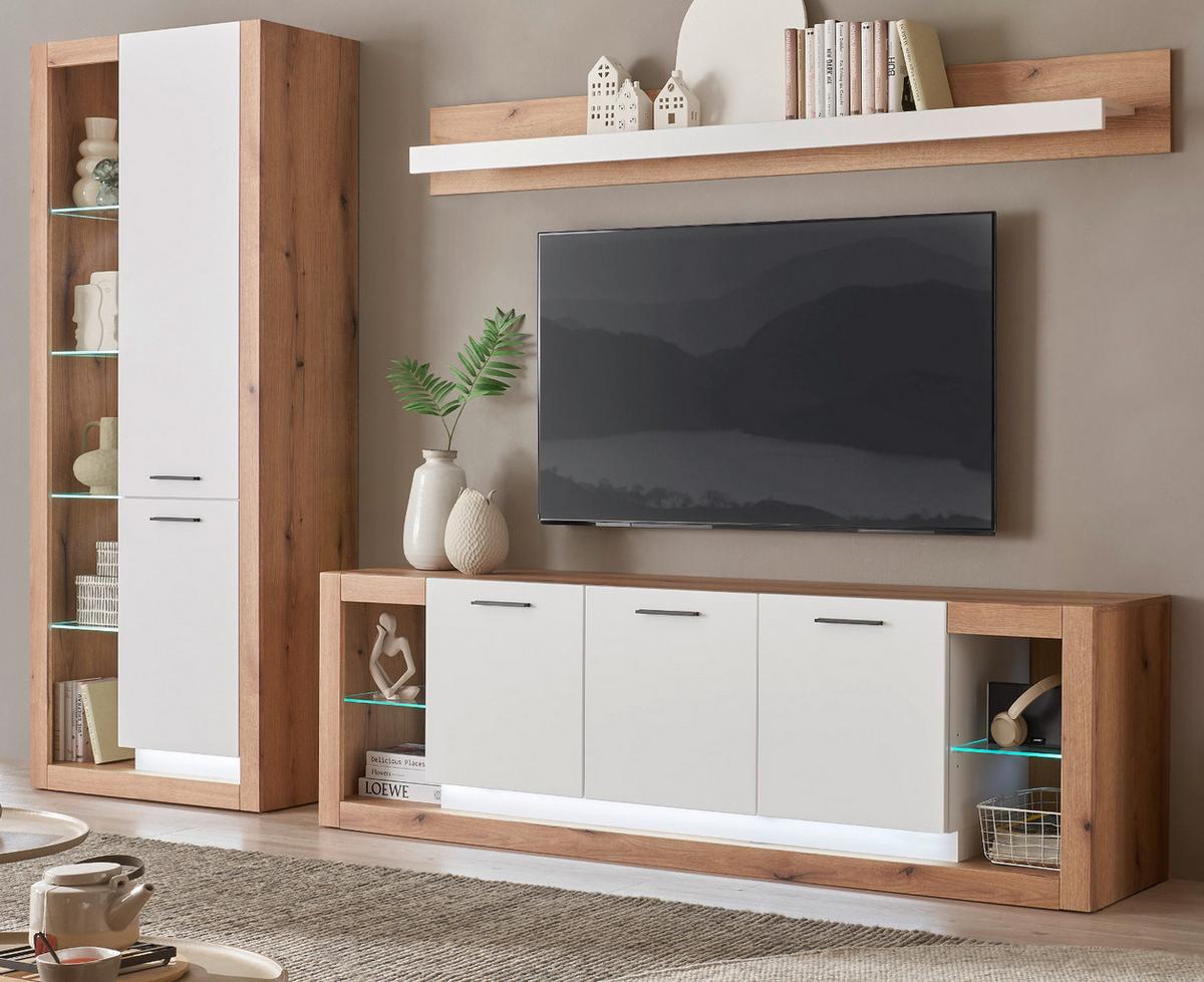 WOHNWAND weiß matt, Evoke Eiche, Wohnkombination Set 3-teilig 298 cm - Eichefarben/Silberfarben, Glas/Holzwerkstoff (298/195/43cm) - Furn.Design
