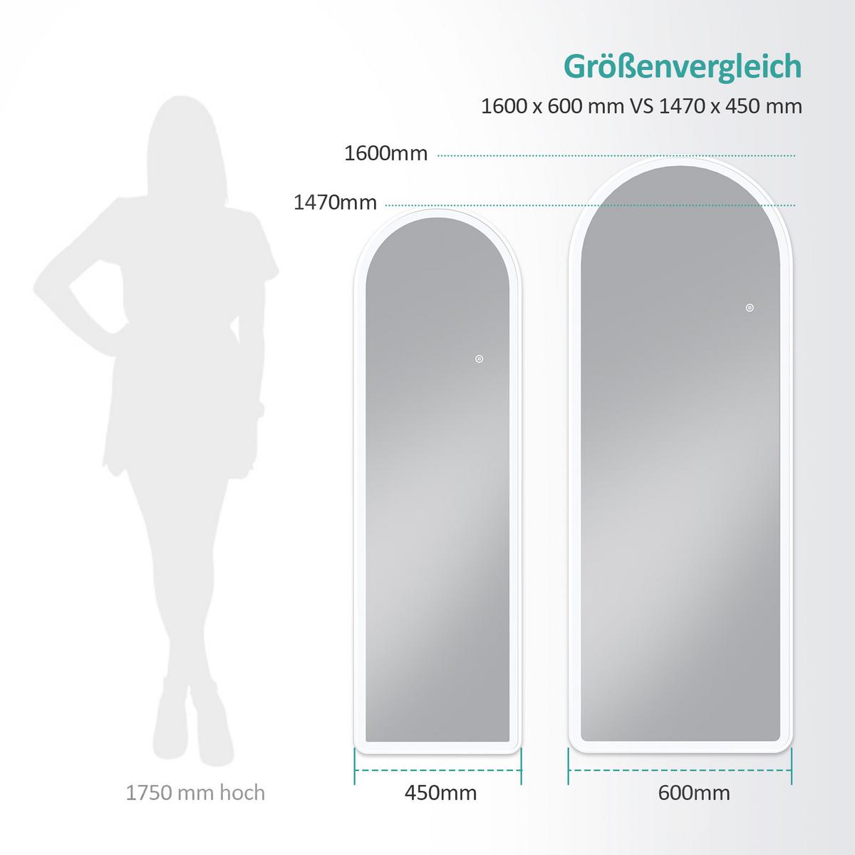 STANDSPIEGEL mit Beleuchtung und Rahmen weiß 147/45 cm - Weiß, Glas/Metall (45/147/147cm) - EMKE