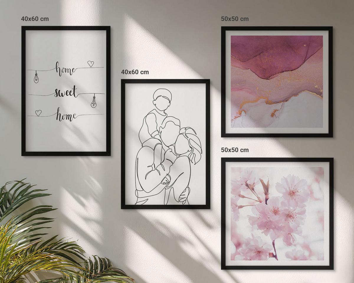 BILDER SET 4er Set - 50x50 cm & 40x60 cm Schwarzer Rahmen - Blumenfamilie minimalistisch - Schwarz, Kunststoff (50/50cm) - TULUP